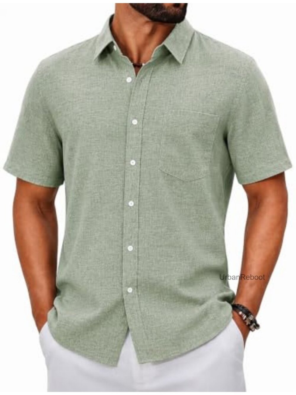 Men's Short Sleeve Linen Textured Button Down Shirt Casual Summer Beach